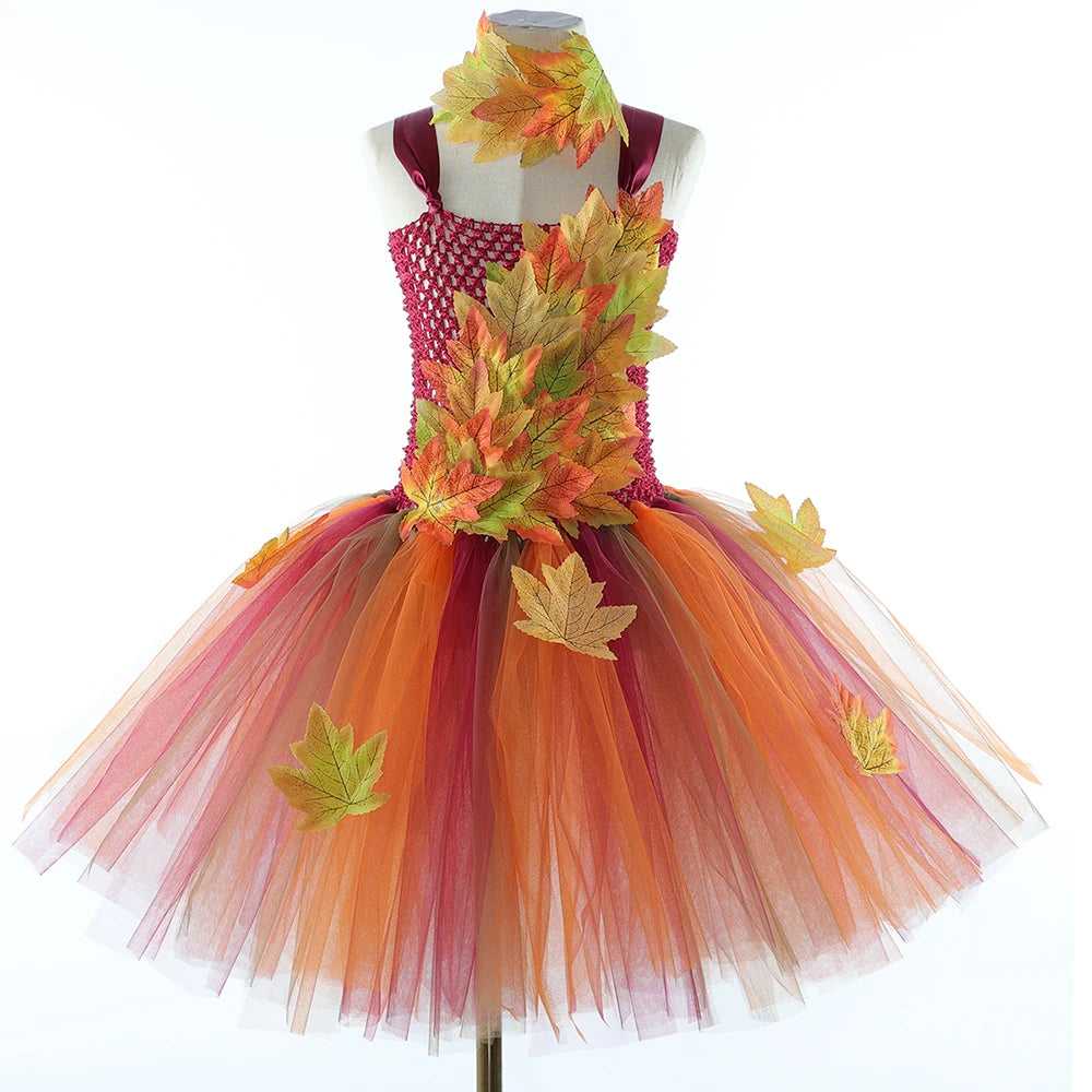 Déguisement Fée des Forêts Fille – Robe Elfe Princesse Feuilles d'Automne avec Ailes Halloween Noël