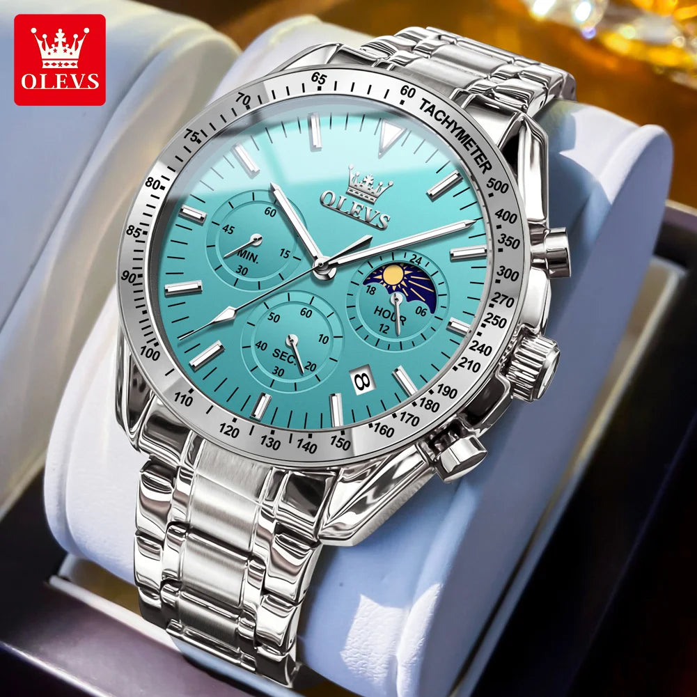 Montre Homme OLEVS Chronographe Phase de Lune Quartz Bleu Acier – Étanche Lumineux Date Fashion