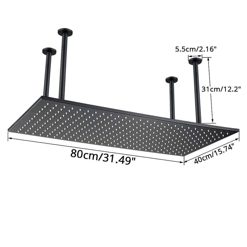Shinesia Système Douche Pluie LED Plafond 40x80cm – Cascade & Pluie, Noir ou Or Brossé | Douche Luxe Salle de Bain