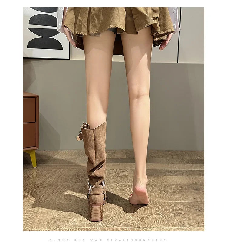 Bottes Cowboy Femme Marron Vintage Boucle Métal 2024 – Talon Carré Longues Knight Fashion