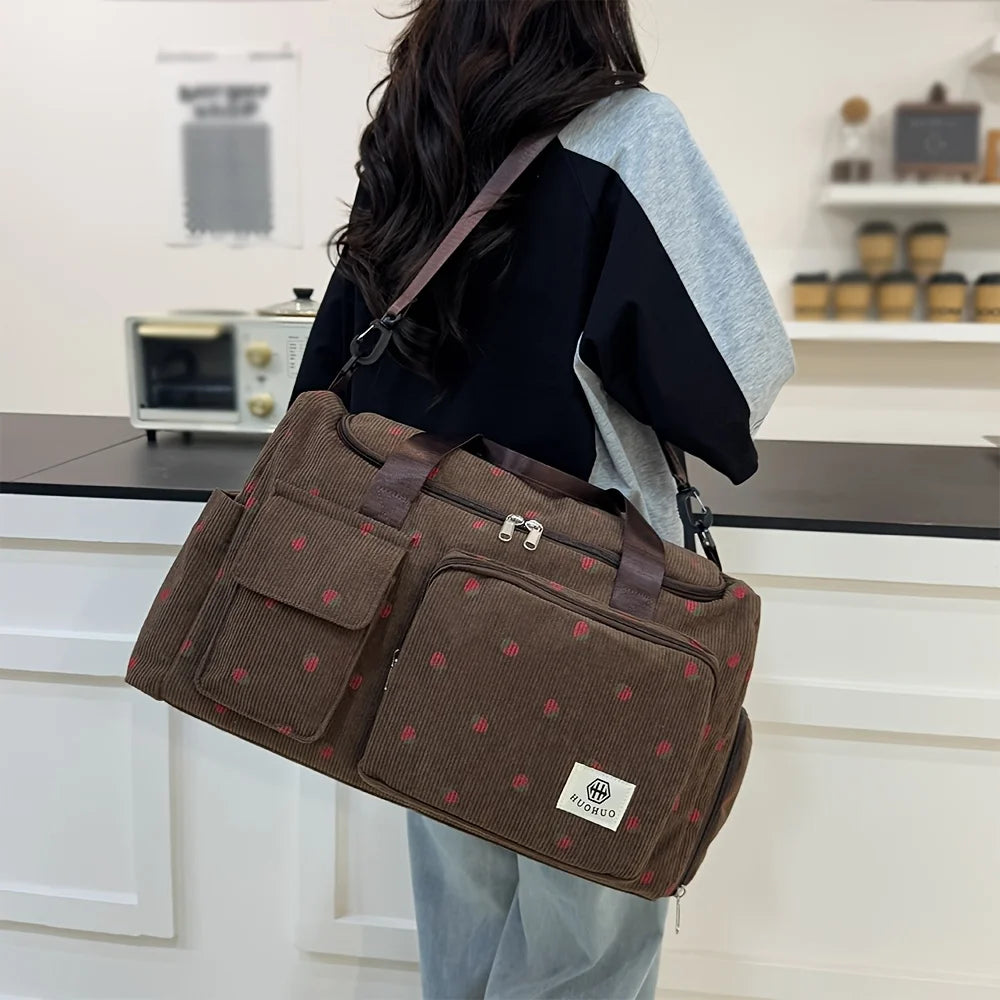 Sac de Voyage Fraise Velours Côtelé – Grande Capacité Bandoulière Léger Sport Fitness Bagage