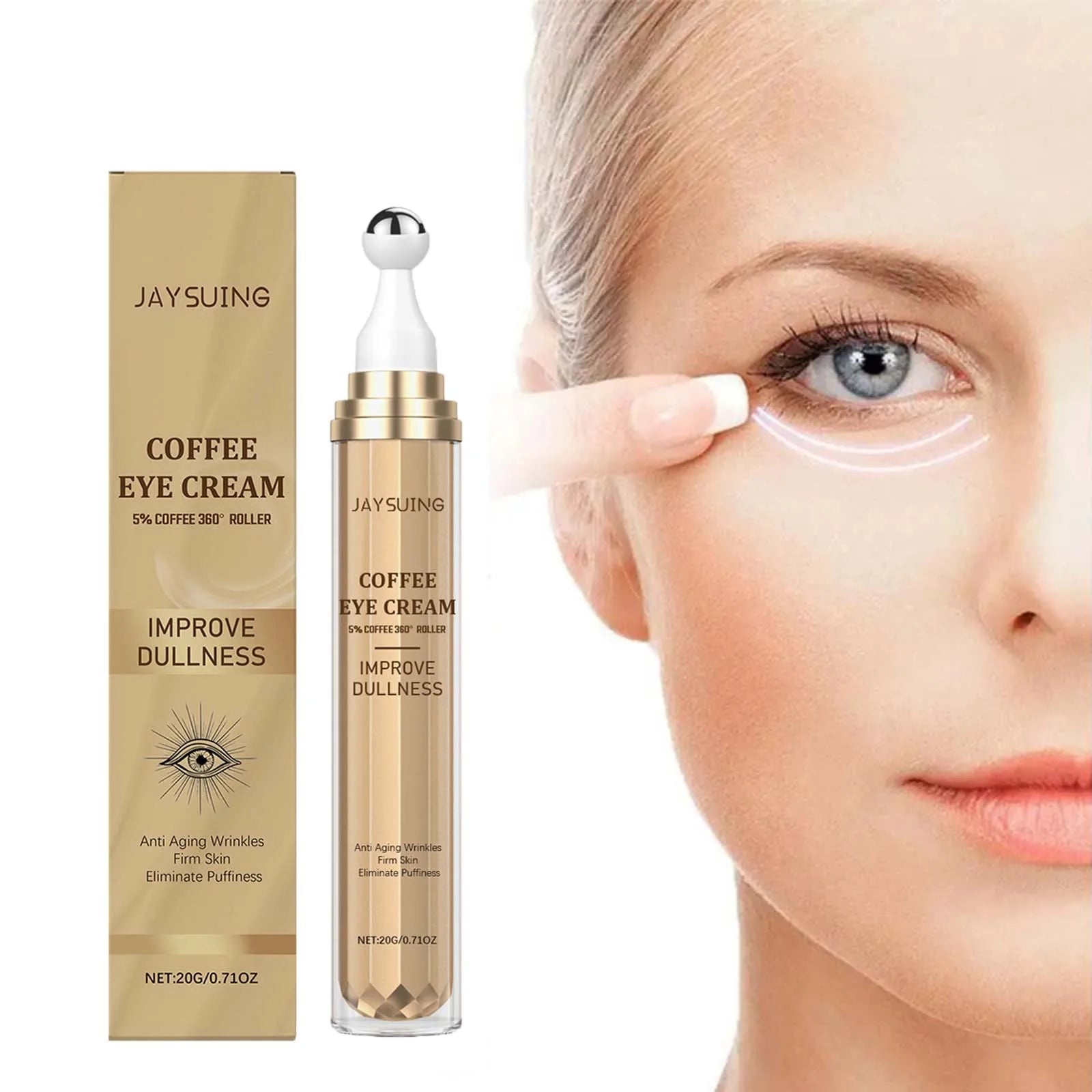 Crème Contour des Yeux Caféine – Anti-Cernes Poches Ridules Liftant Roller Massage