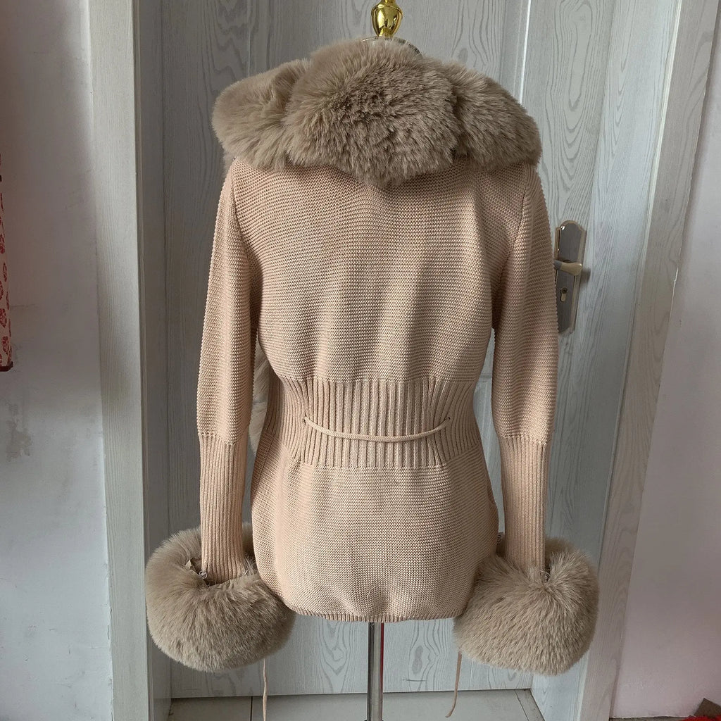 Damen Cardigan Strick Kragen Kunstpelz Fuchs Elegant – Chic & Luxuriöser Pullover Mantel | Frühling Herbst