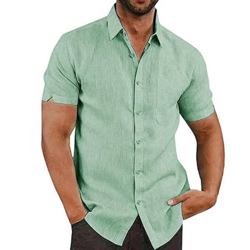 Herrenhemd Leinen Baumwolle Sommer Kurzarm Casual Unifarben Umlegekragen Formell Strand Leicht Atmungsaktiv – Lässiges Schickes Trendhemd | Premium Herrenmode