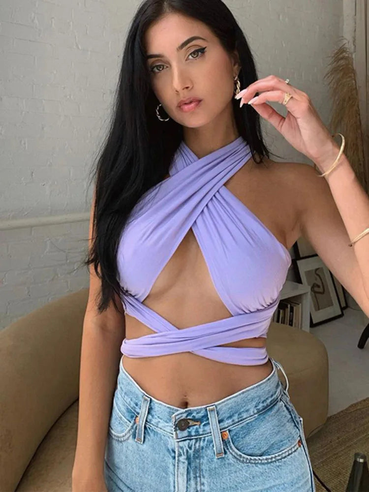Crop Top Femme Bretelles Croisées Dos Nu Halter Neck Sans Manches Bandage Sexy – Haut Court Été Sensuel | Mode