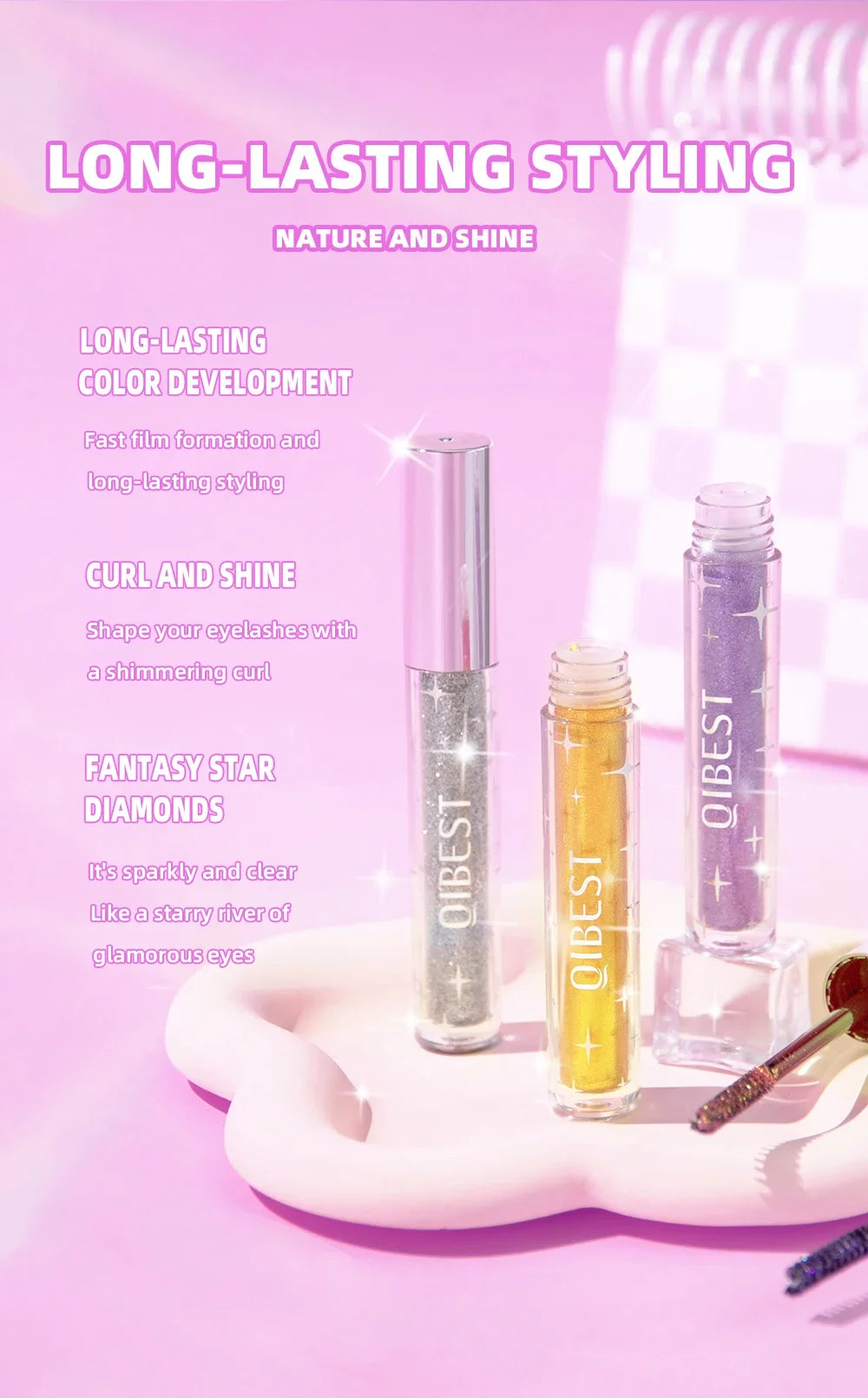 Mascara Diamond Galaxy Paillettes Glitter – Waterproof Longue Tenue Courbe & Volume | Shimmer Maquillage Cils
