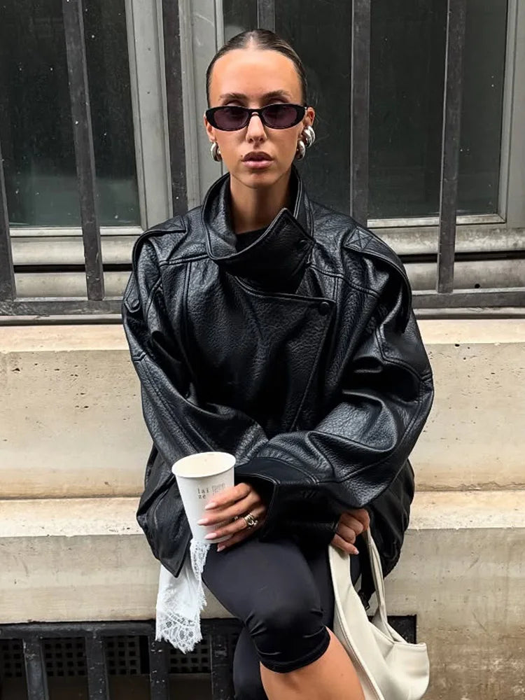 Veste Femme Asymétrique Noire Manches Longues Poches Zippée Ample – Style Mode High Street | Automne | HH