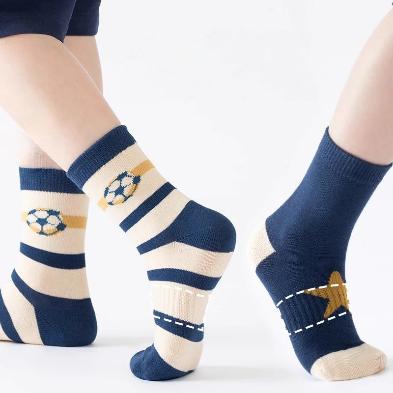 Lot 5 Paires Chaussettes Garçon Coton Rayures Motif Football – Chaussettes Enfant Printemps Automne 1-14 Ans