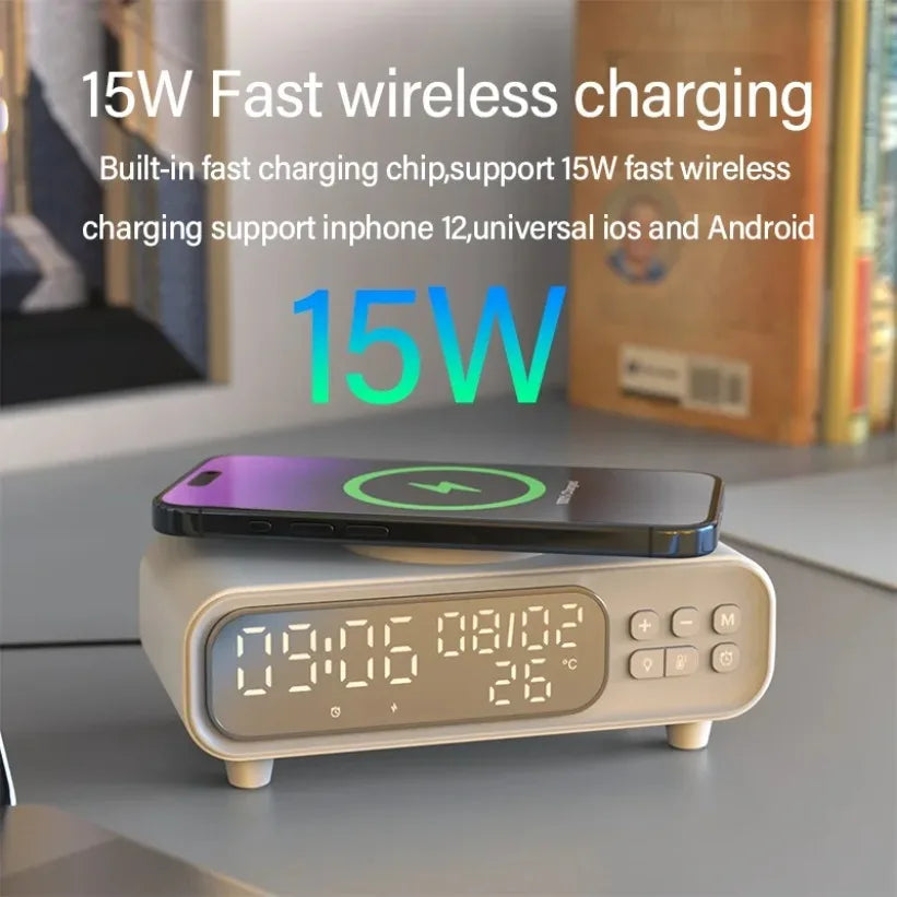 Chargeur Sans Fil 15W Horloge Alarme LED – Thermomètre Veilleuse Dock iPhone Écouteurs