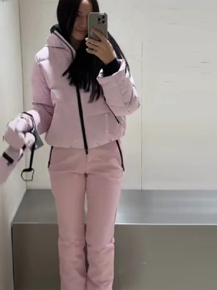 Ensemble de Ski Femme 2 Pièces – Veste Capuche Zipper Chaude + Pantalon Sport Long | Confort Hiver 2025