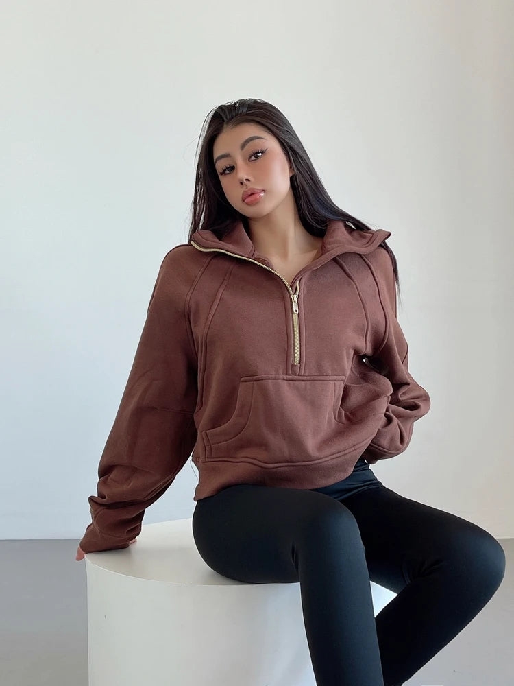Sweat Femme Oversize Zip Polaire – Hoodie Streetwear Chaud Casual Rose Blanc