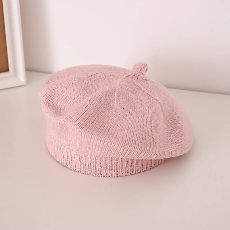Béret Tricoté Enfant Couleur Unie – Bonnet Peintre Chaud Automne Hiver Fille Garçon Tendance