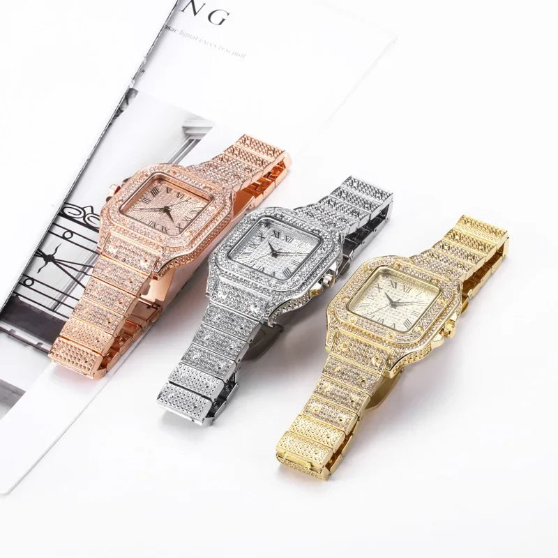 Unisex-Luxus-Diamant-Strassuhr mit goldenem Armband – Fashion Glamour Herren & Damen 2024
