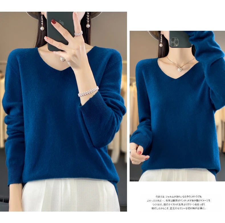 Kaschmirpullover 100% Wolle V-Ausschnitt Damen - Strick Casual Korean Fashion Herbst Winter