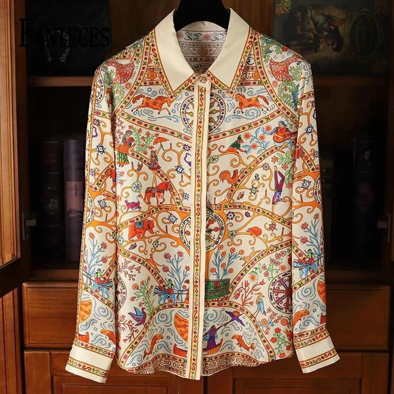 Chemisier Femme Vintage Imprimé Luxe Manches Longues Slim Élégant – Blouse Casual Chic | Automne S-3XL