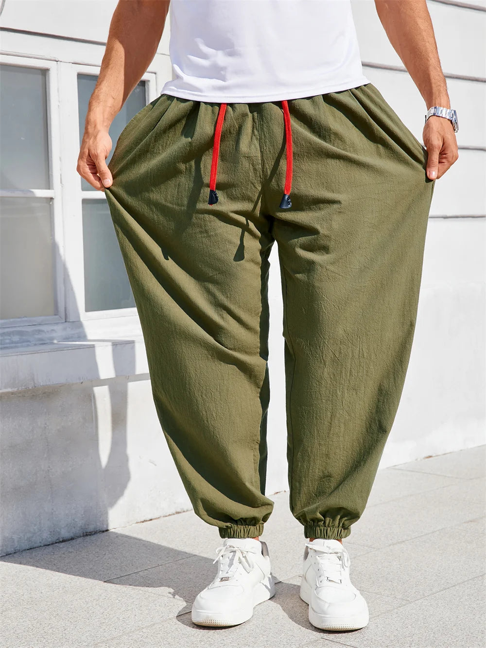 Herren Sarouel Hose Leinen Baumwolle Chinesischer Stil Loose Fit Einfarbig – Bequeme Jogger Hohe Qualität Casual | Herrenmode Zen