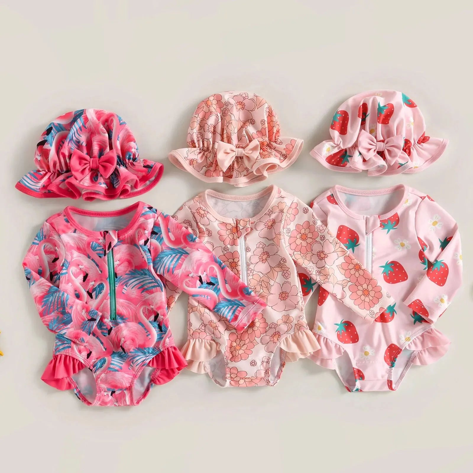 Maillot de Bain Bébé Fille Combinaison Zipper – Imprimé Flamant Rose Fleurs Manches Longues + Bandeau Été