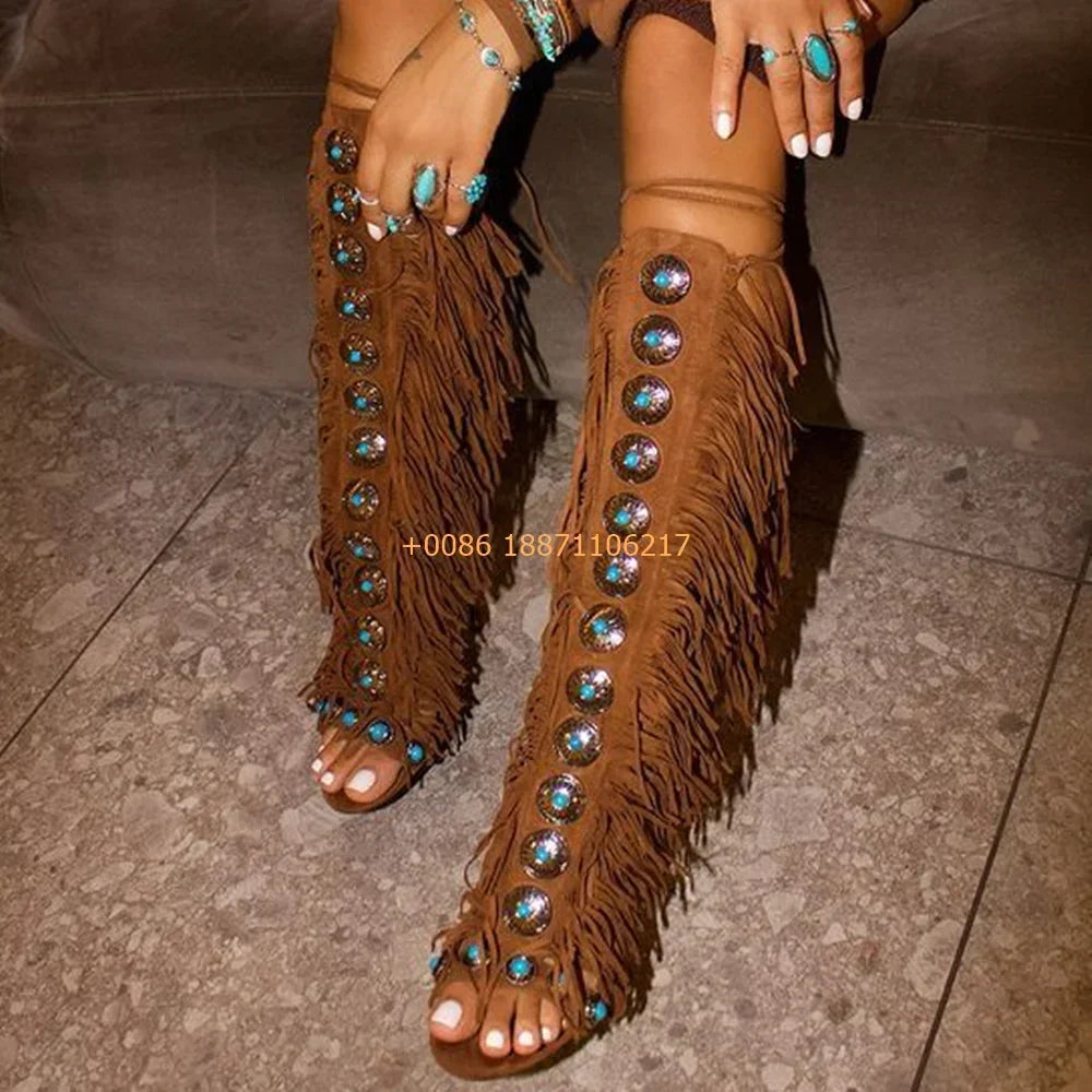 Bottes Gland Gemmes Catwalk Stiletto Femme – Luxe Romain Bout Ouvert Scène Mode