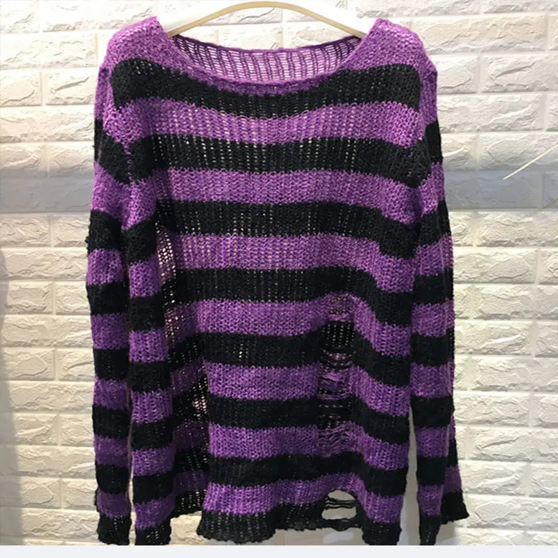 Gothic Damen Strickpullover Lila Streifen Zerrissen Ausgefranst – Fairy Grunge Lolita Emo Streetwear Stil