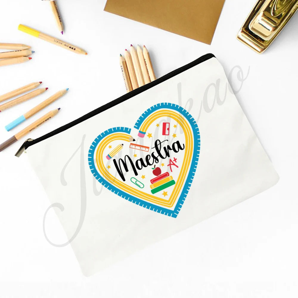 Trousse Maquillage Maestra Imprimé Coeur Espagnol – Organisateur Voyage & Crayon | Cadeau Enseignante