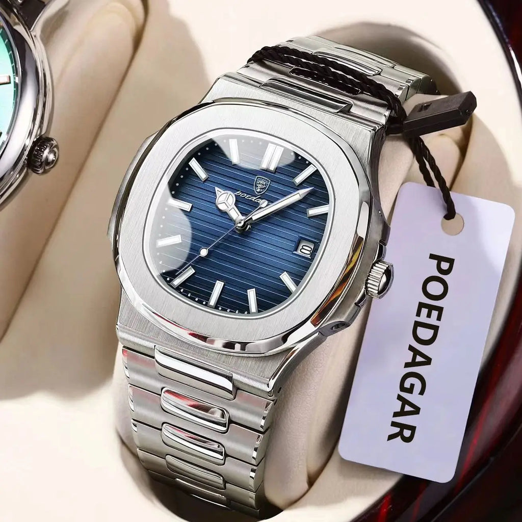 Montre Homme POEDAGAR Carré Luxe Quartz – Acier Lumineux Étanche Date Sport Business