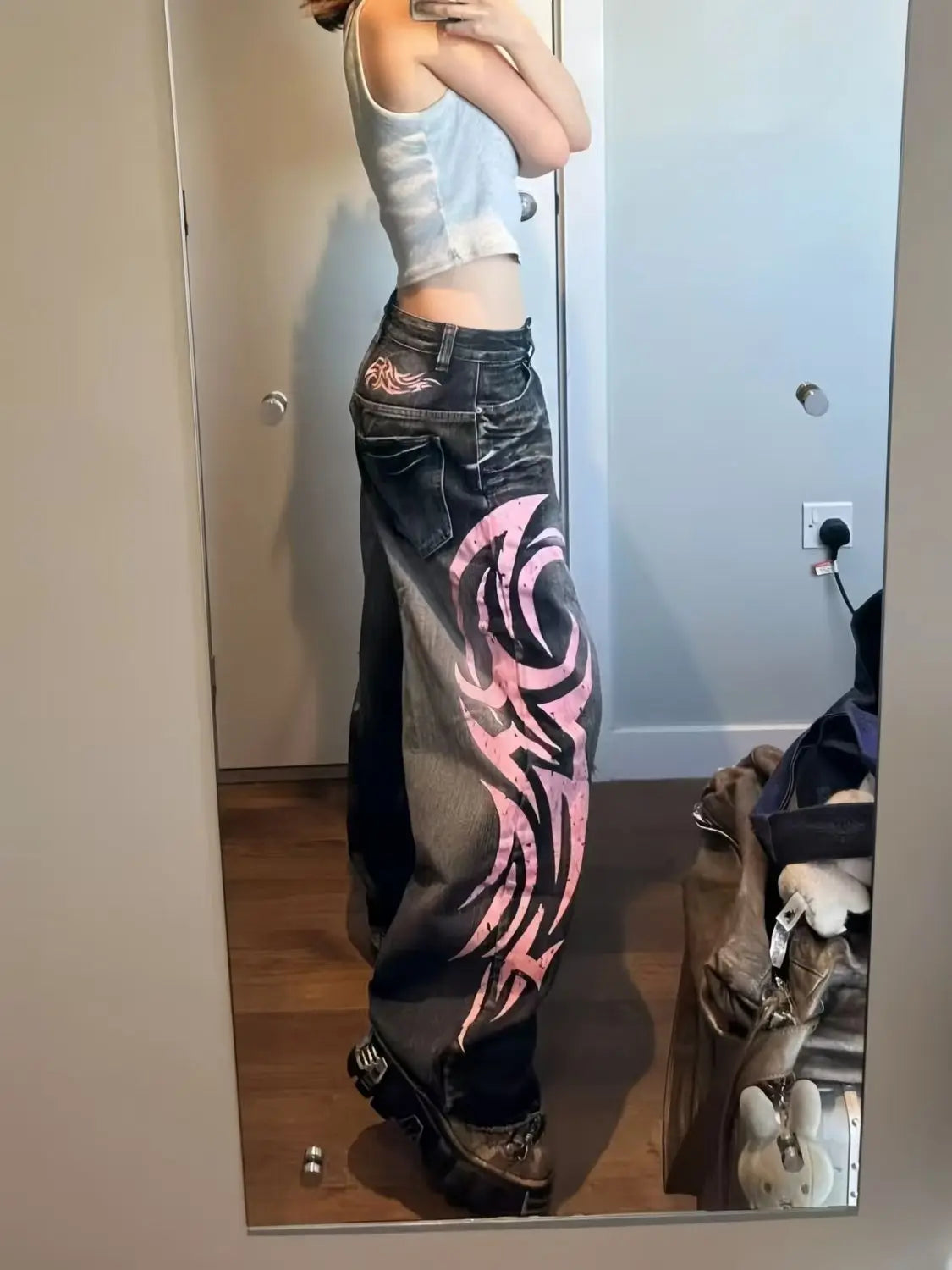 Jean Large Y2K Vintage Imprimé Totem Taille Haute - Baggy Harajuku Hip-hop Streetwear Femme