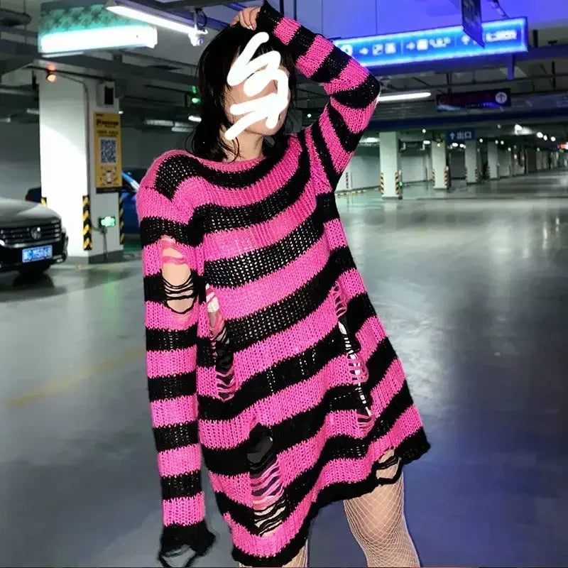 Gothic Damen Strickpullover Lila Streifen Zerrissen Ausgefranst – Fairy Grunge Lolita Emo Streetwear Stil