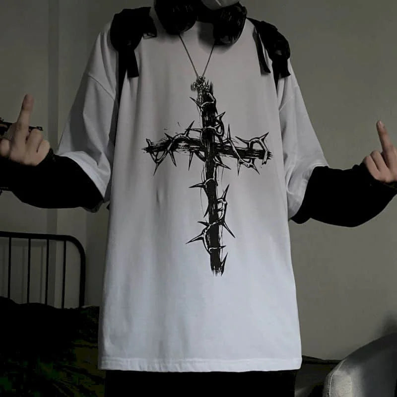T-Shirt Homme Oversize Manches Longues Croix d'Épines Dark Hip-Hop Y2K Gothic Streetwear Été Tendance – Tee Graphique Dark Aesthetic Unisexe | Mode Streetwear Premium