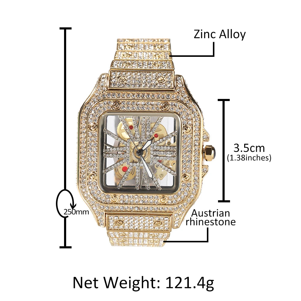 Montre Quartz Transparente Rhinestone Luxe Homme – Cadran Carré Skeleton 35mm Automatique