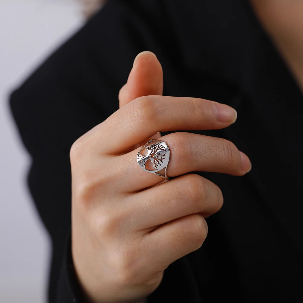 Bague Arbre de Vie Acier Inoxydable Argenté – Symbole Nature & Spiritualité | Bijou Unisexe Couple & Mariage | Cadeau Intemporel