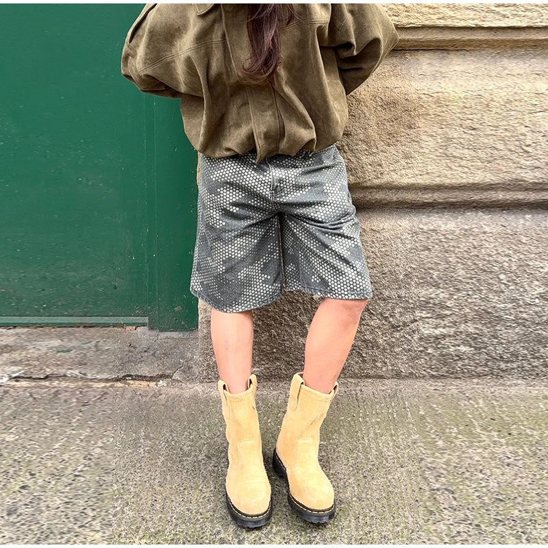 Veste Femme Suède Vert Élégante Manches Bouffantes Revers Fermeture Éclair Ample Plissée – Blouson Court Streetwear Printemps Automne | Mode 2025