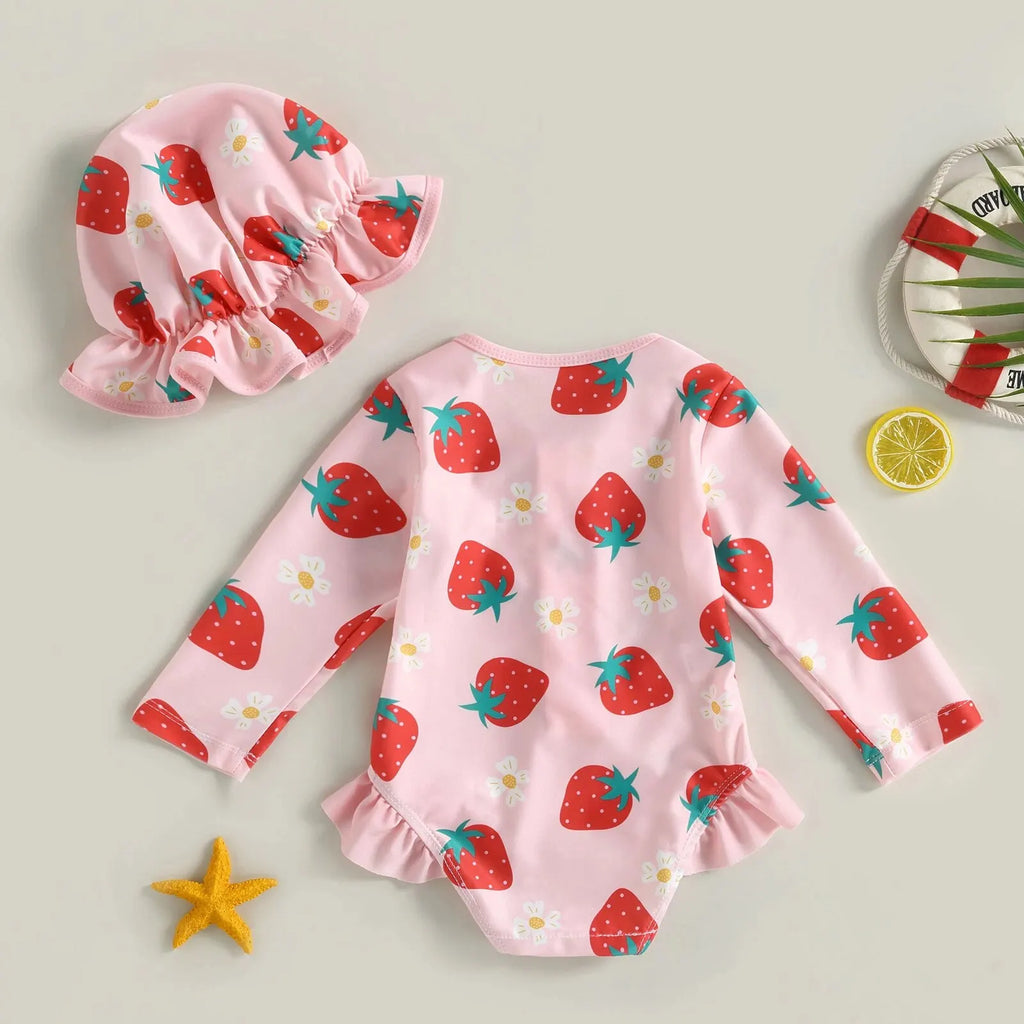 Maillot de Bain Bébé Fille Combinaison Zipper – Imprimé Flamant Rose Fleurs Manches Longues + Bandeau Été