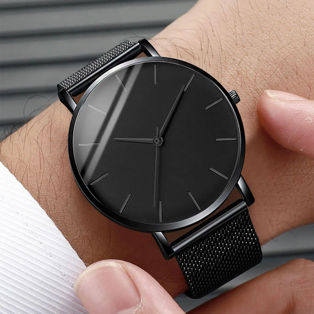 Montre Homme Business Fashion Maille Noire Quartz – Élégante Minimaliste Tendance
