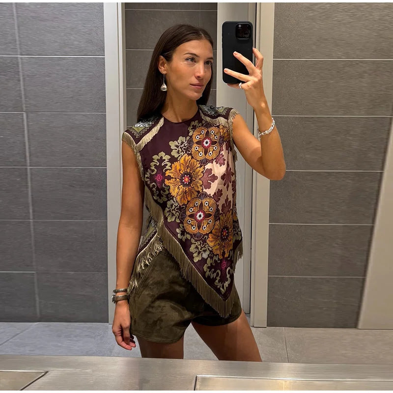 Top Gilet Imprimé Franges Irrégulier Femme Sans Manches – Style Y2K Casual Plage | Été 2026