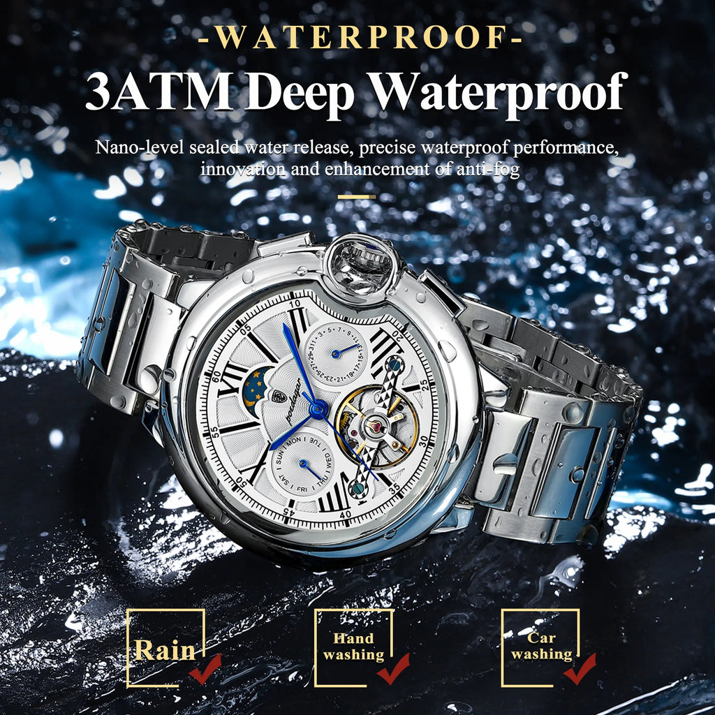 Montre Homme POEDAGAR Tourbillon Automatique Militaire – Acier Date Semaine Étanche