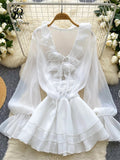 Robe Courte Femme Fleurs 3D Manches Longues Laçage Volants Mousseline – Vintage Bohème Sexy | Plage Été