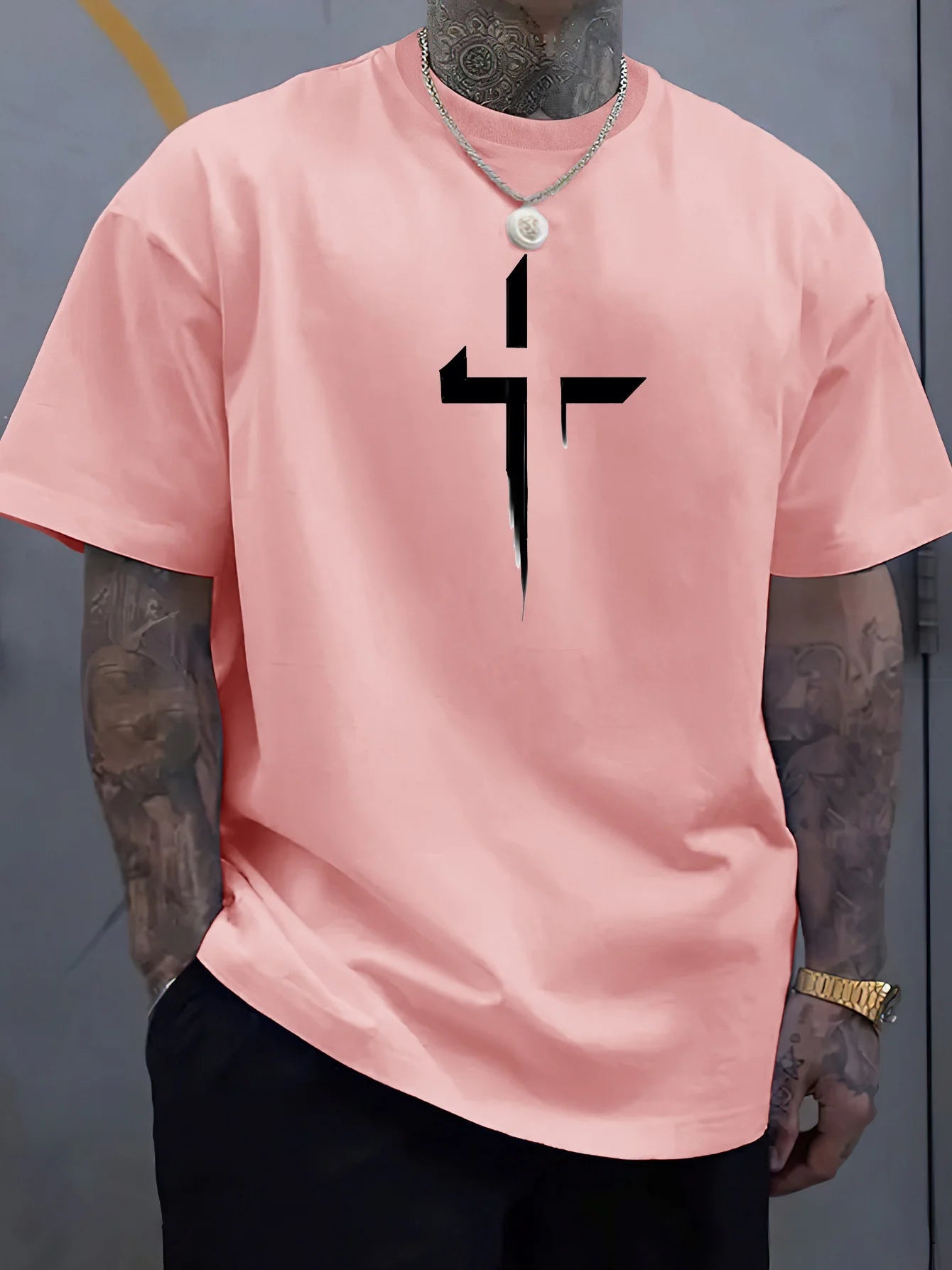 T-Shirt Homme 100% Coton Pur Imprimé Croix Créatif Loose Grande Taille Col Rond Manches Courtes Sport Casual Été Confortable | Mode Homme Tendance