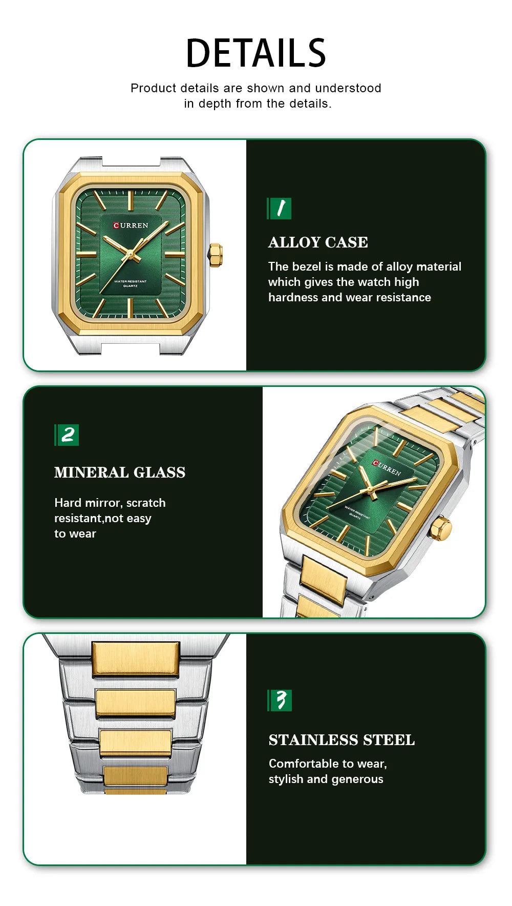 Montre Homme CURREN Vintage Rectangle Acier Inoxydable Quartz Lumineux Étanche – Style Rétro Chic