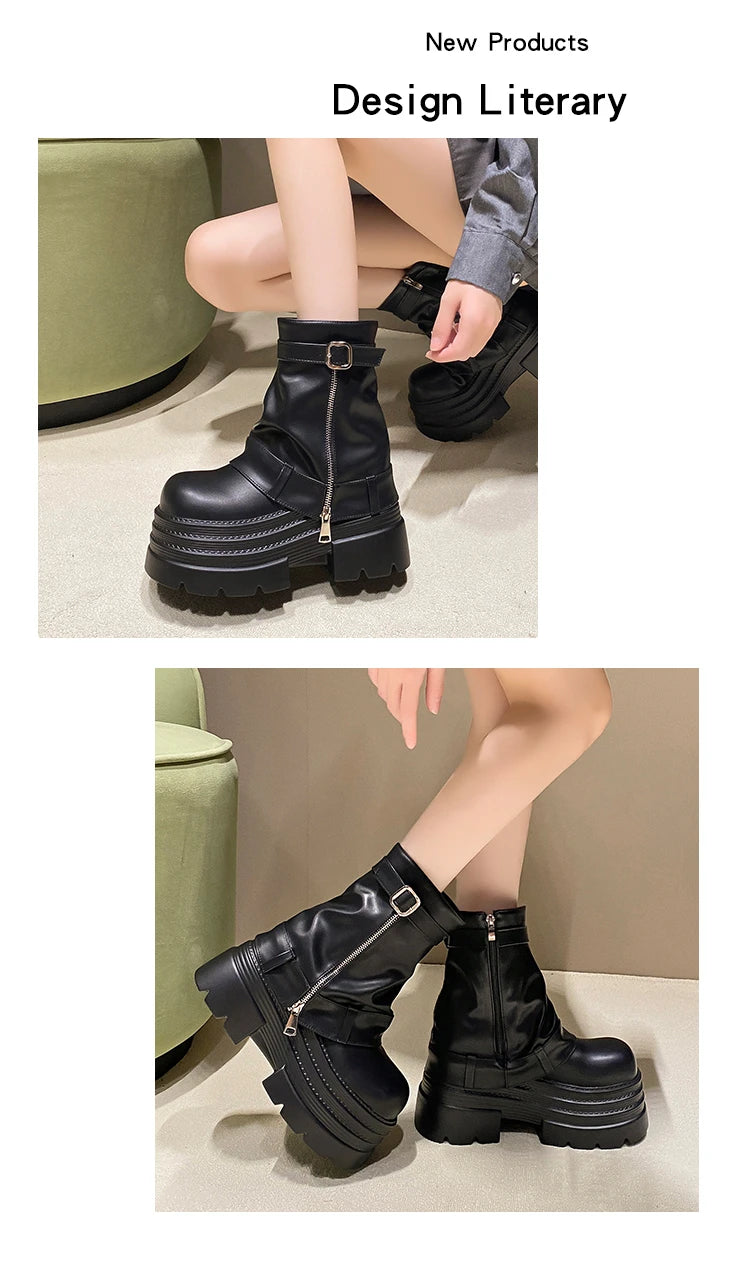 Bottines Cuir Femme 10CM Chunky Platform – Combat Boots Punk Moto Non-Slip Automne Hiver