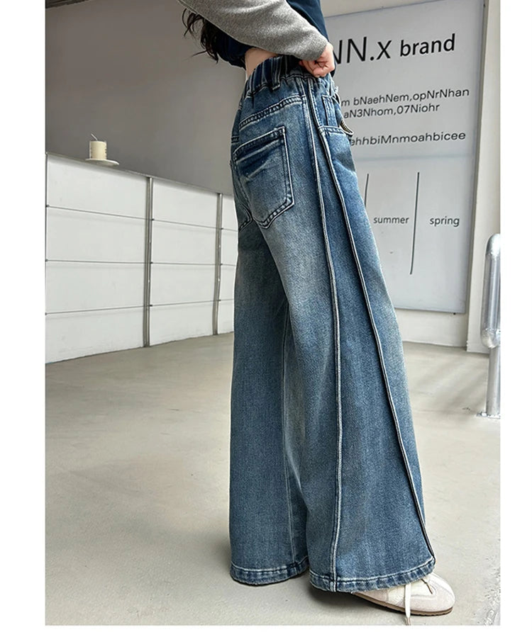 Jean Large Fille Taille Haute Bleu Foncé – Pantalon Denim Jambe Large Retroussable Enfant 4-14 Ans