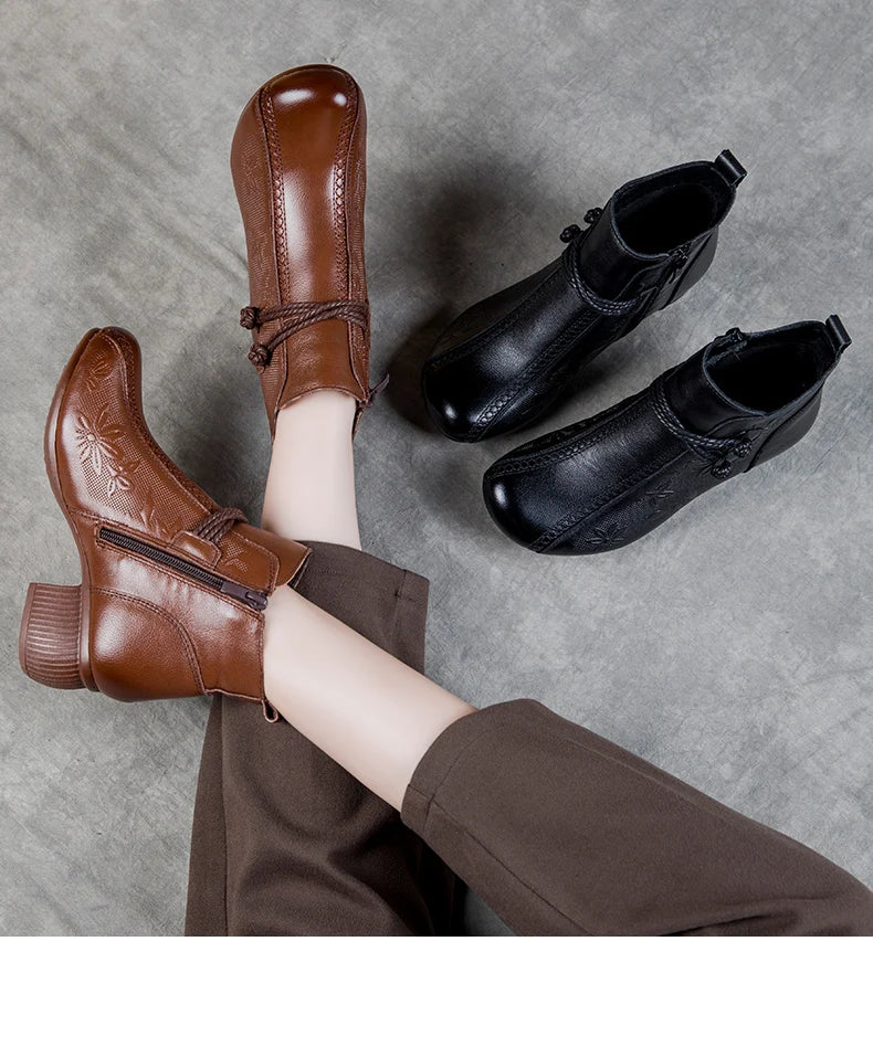 GKTINOO Bottines Cuir Véritable Talon Épais 2026 – Zip Retro Fait Main Automne Hiver