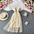 Robe Longue Dentelle Mesh Imprimé Marguerites - Bretelles Fines Fronces Sexy Korean Fashion Été