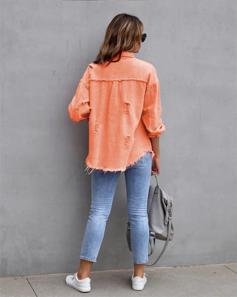 Veste en Jean Femme Bords Bruts Troués – Style Chemise Casual | Printemps Automne Tendance 2025