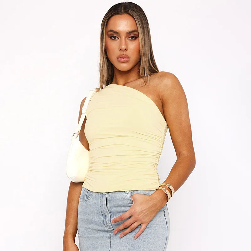 Top Une Épaule Dos Nu Femme – Couleur Bonbon Ajusté Sans Manches | Sexy Casual Été
