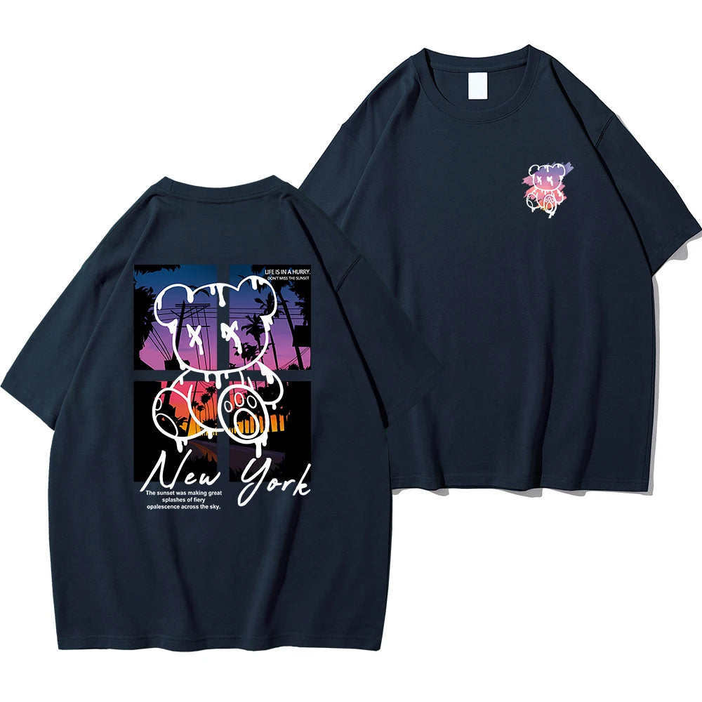 T-Shirt Homme New York Art Cartoon Bear Coucher de Soleil Coton Loose Oversize Été Streetwear Graphic Fashion Tendance Confortable – T-Shirt Graphic Art Premium Oversize New York | Mode Homme Streetwear Graphic Art Premium