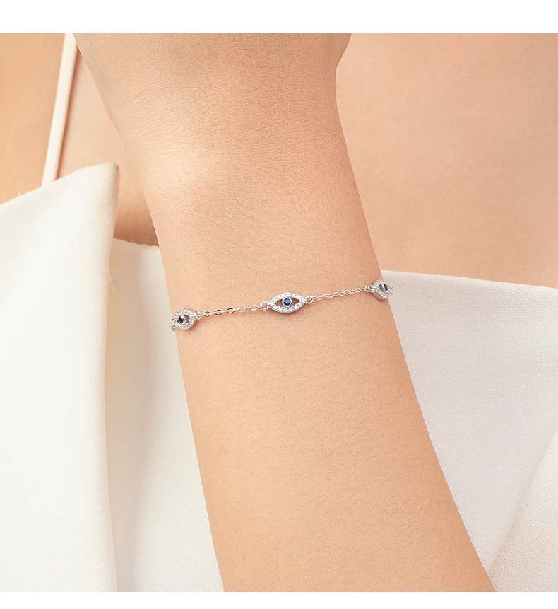 Bracelet Argent 925 Pur MODIAN Luxe – Yeux Turquoise Bleu & Zircon Cubique Cristal Transparent | Bijou Fin Femme Chaîne Maille Élégante & Hypoallergénique