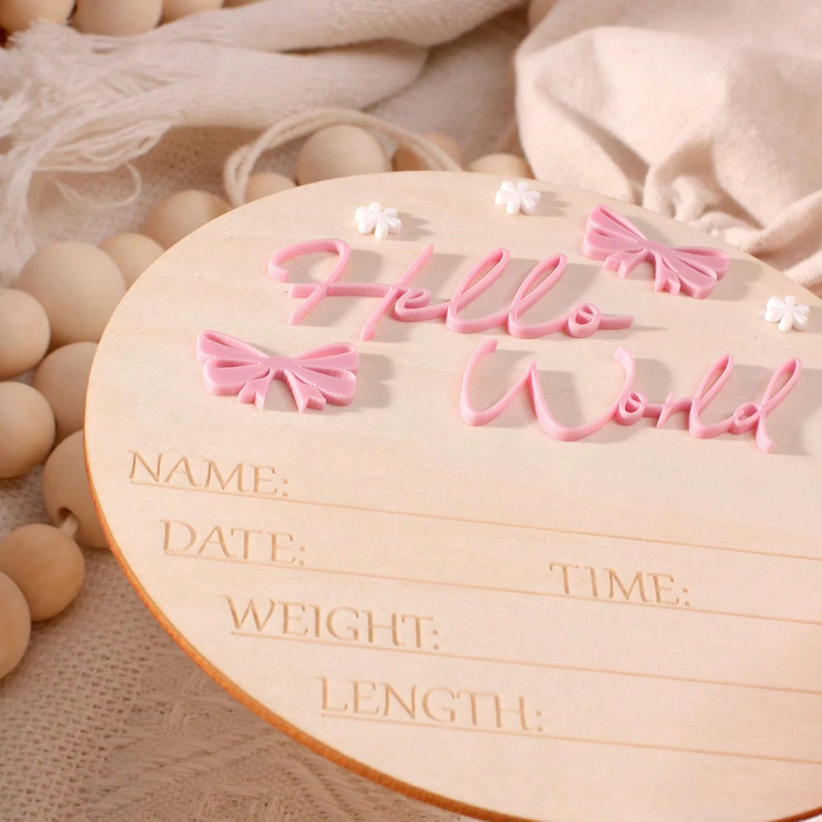 Pancarte Naissance Bébé « Hello World » – Déco Maternité Rose Poudré Papillon Étoile Photo Nouveau-Né