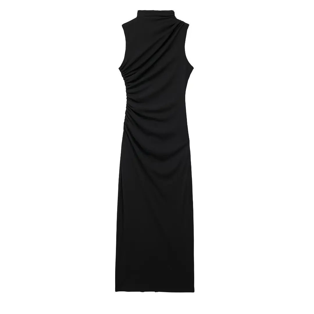 Robe Longue Femme Blanche Plissée Sans Manches Col Rond – Slim Gainante Élégante | Soirée Été