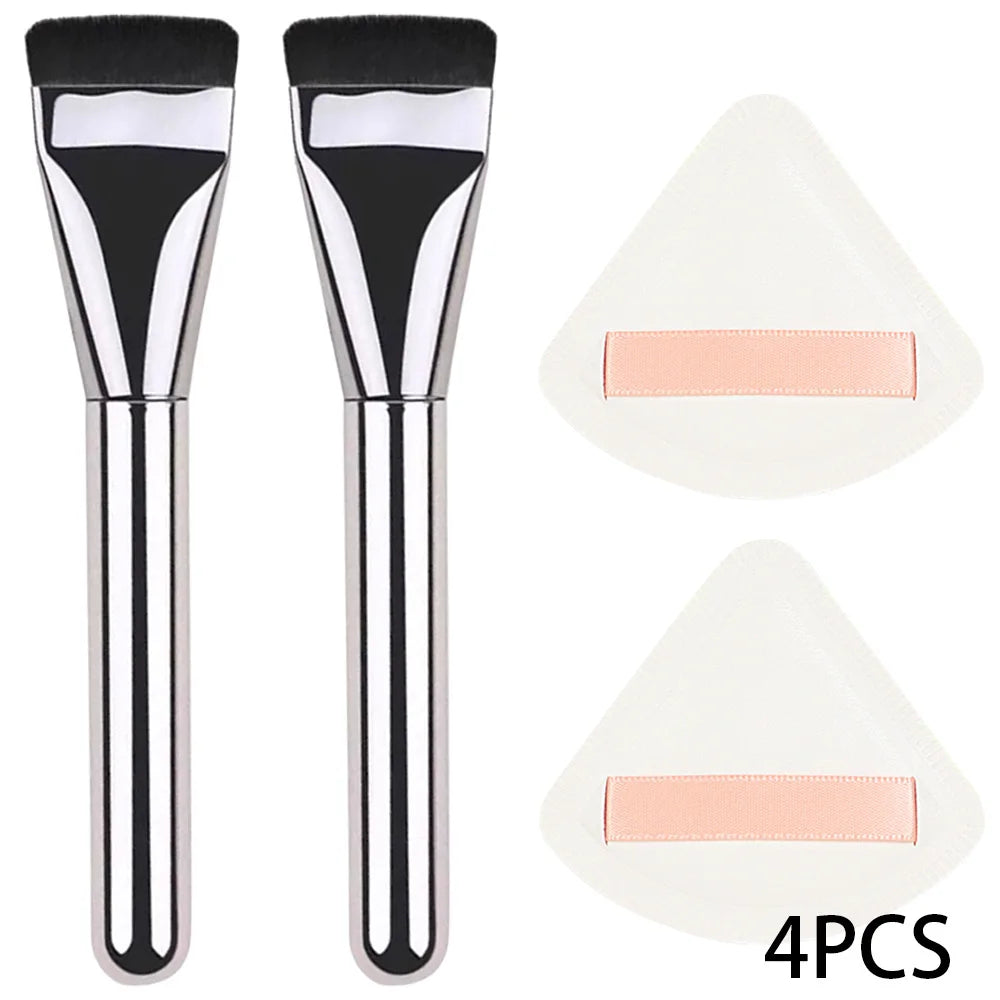 Set Pinceaux Contouring & Fond de Teint – 3/5 Pcs | Palette Inox & Puff