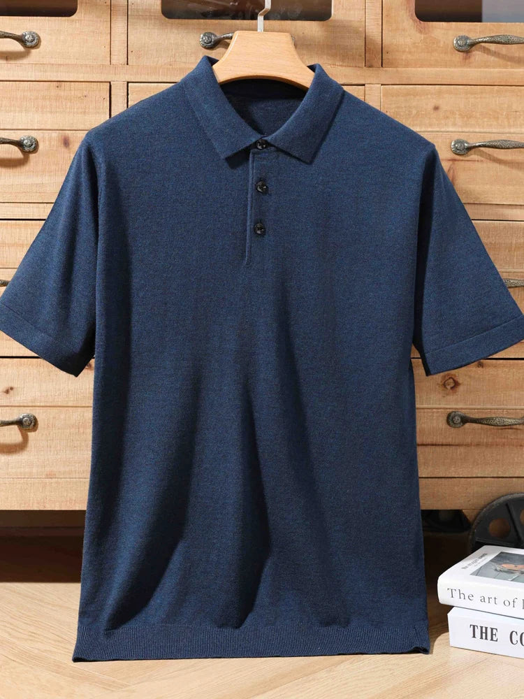 Pull Polo Homme 100% Laine Mérinos – Col Lapierre Manches Courtes Tricoté Loose Été Grande Taille